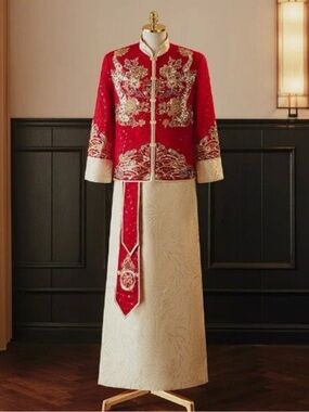 Red & Cream Embroidered Traditional Chinese Groom Dress